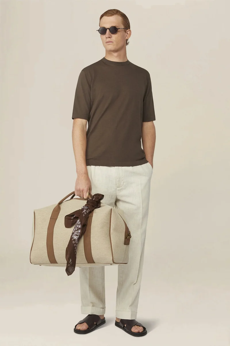 دوبل غانغر Men's knitted T-shirt in 100% cotton crepe - Brown