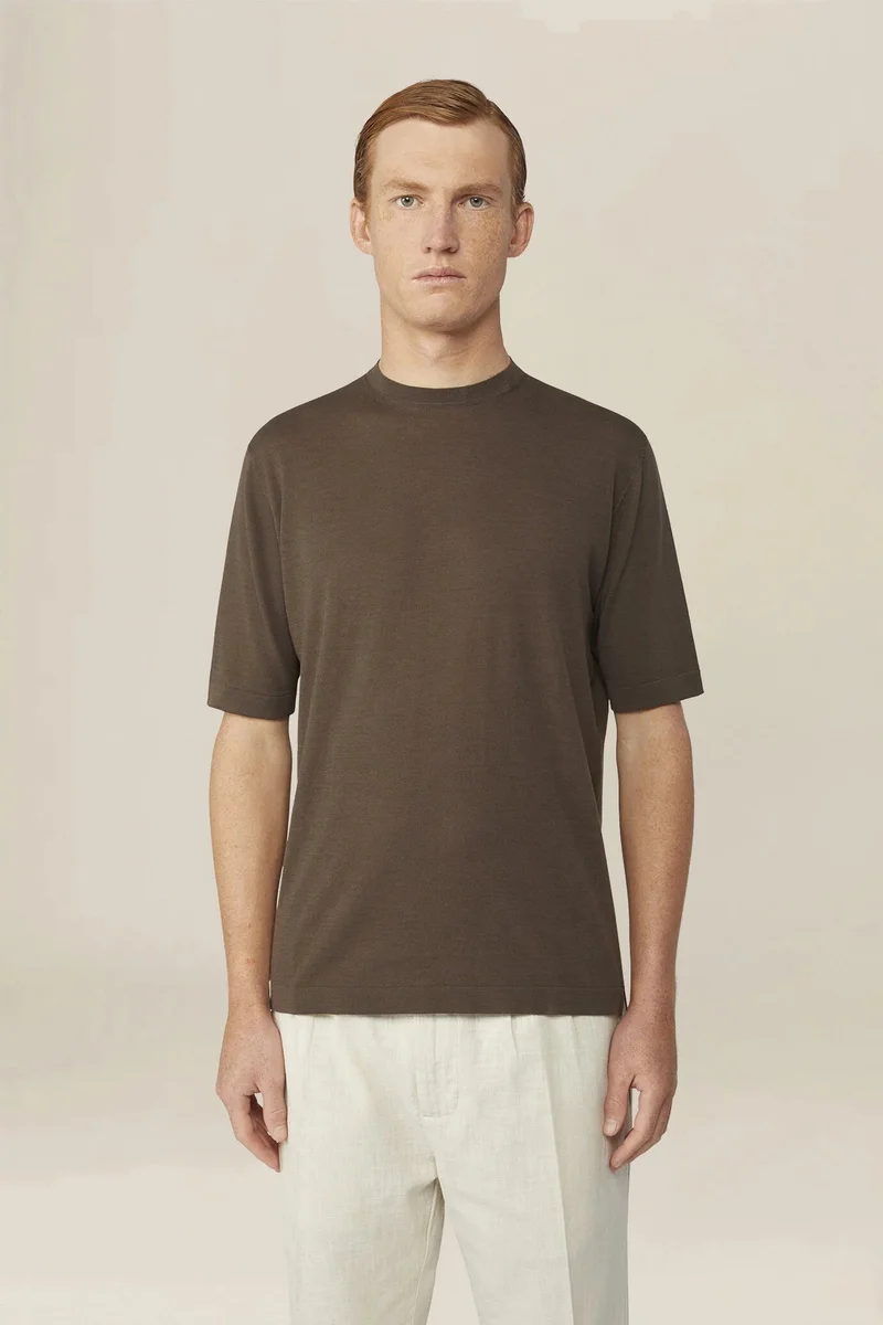Men's knitted T-shirt in 100% cotton crepe - Brown