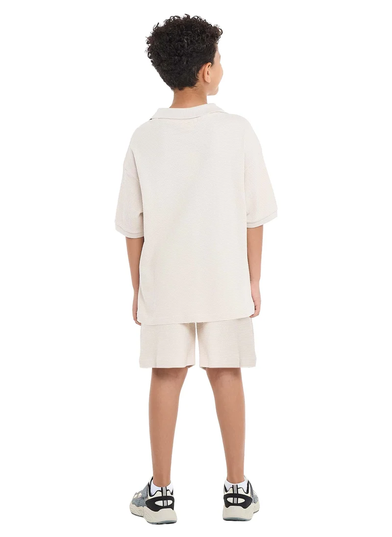 victor and jane Victor and Jane Boys' Jacquard Set – Beige 2-Piece Outfit with Pockets, Polo T-Shirt and Shorts