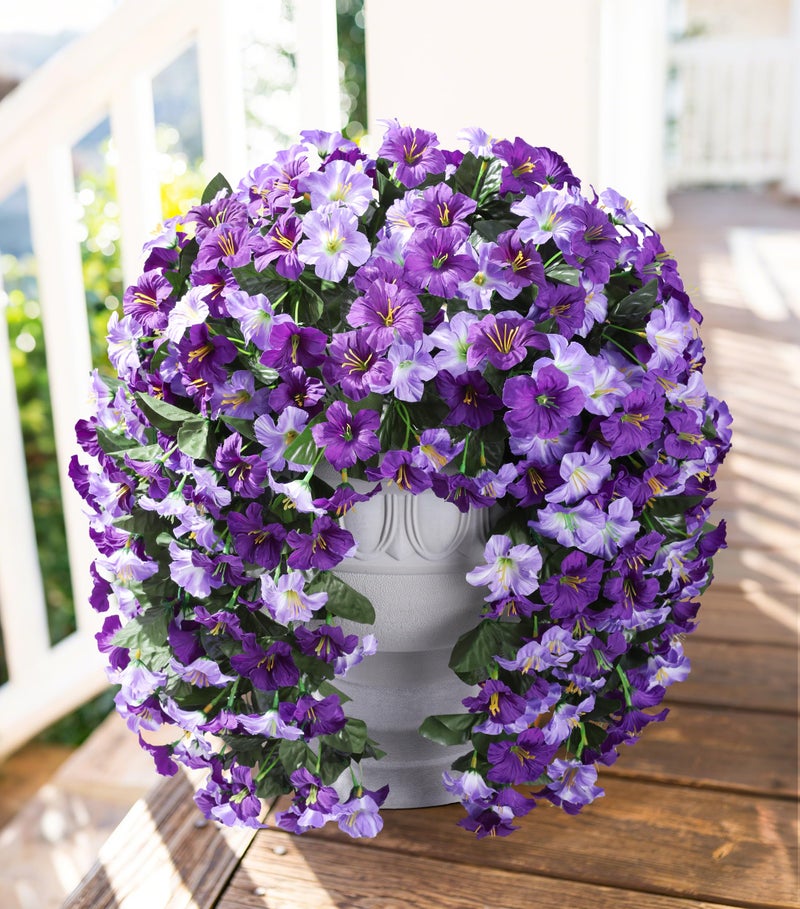 HyeFlora Artificial Flowers for Outdoors, 2pcs Faux Hanging Morning Glory Silk Fake Flowers Lifelike Artificial Plants UV Resistant Flowers for Outside Planter Patio Garden Porch Decor (Purple) - Image 1