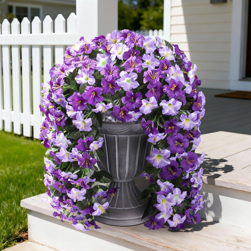 HyeFlora Artificial Flowers for Outdoors, 2pcs Faux Hanging Morning Glory Silk Fake Flowers Lifelike Artificial Plants UV Resistant Flowers for Outside Planter Patio Garden Porch Decor (Purple) - Image 2