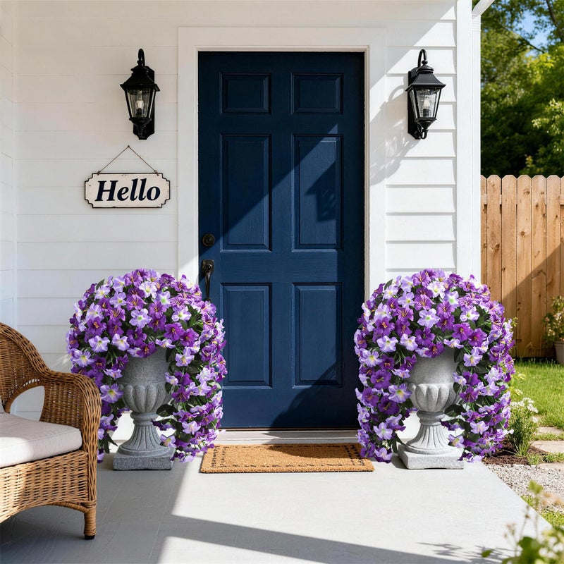 HyeFlora Artificial Flowers for Outdoors, 2pcs Faux Hanging Morning Glory Silk Fake Flowers Lifelike Artificial Plants UV Resistant Flowers for Outside Planter Patio Garden Porch Decor (Purple) - Image 3