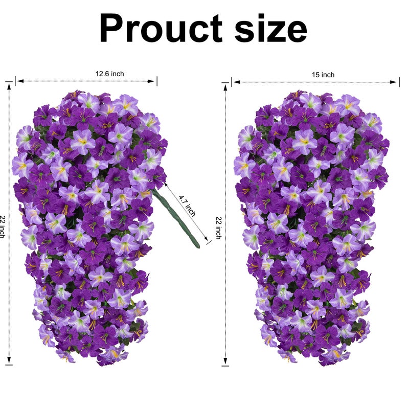 HyeFlora Artificial Flowers for Outdoors, 2pcs Faux Hanging Morning Glory Silk Fake Flowers Lifelike Artificial Plants UV Resistant Flowers for Outside Planter Patio Garden Porch Decor (Purple) - Image 5