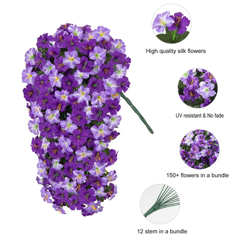 HyeFlora Artificial Flowers for Outdoors, 2pcs Faux Hanging Morning Glory Silk Fake Flowers Lifelike Artificial Plants UV Resistant Flowers for Outside Planter Patio Garden Porch Decor (Purple) - Image 4