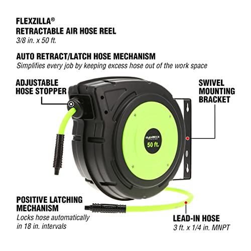 Flexzilla Retractable Enclosed Plastic Air Hose Reel, 3/8 in. x 50 ft., Heavy Duty, Lightweight, Hybrid, ZillaGreen - L8250FZ - Image 3