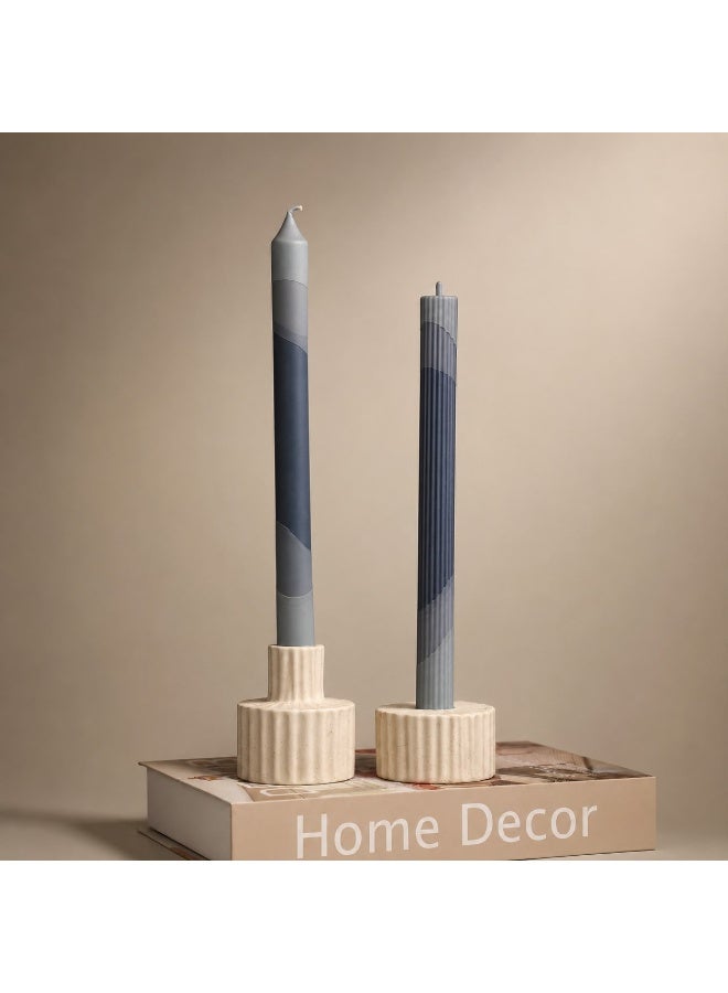 Tall Taper Candles, Grey & Navy Curved Color-Block, Ribbed Finish - Image 2