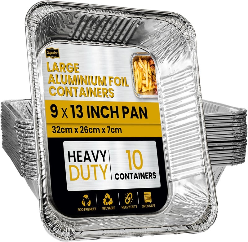 Superior Large Foil Aluminium Trays Pack of 10 – Heavy-Duty Deep Tin Foil Trays 32 x 26 cm Ideal for Cooking Baking Roasting BBQ Meal Prep Storage Tray – Foil Containers for Christmas Parties - Image 1