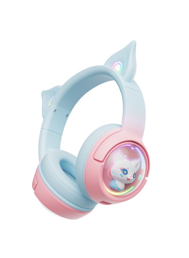 onikuma B5 2.4G  Cute Cat Bluetooth Headphones, Wireless & Wired Mode Headset with Mic, RGB LED Light, for Girls Women School Gaming, Compatible with Mobile Phones Tablet  Blue Pink - Image 1