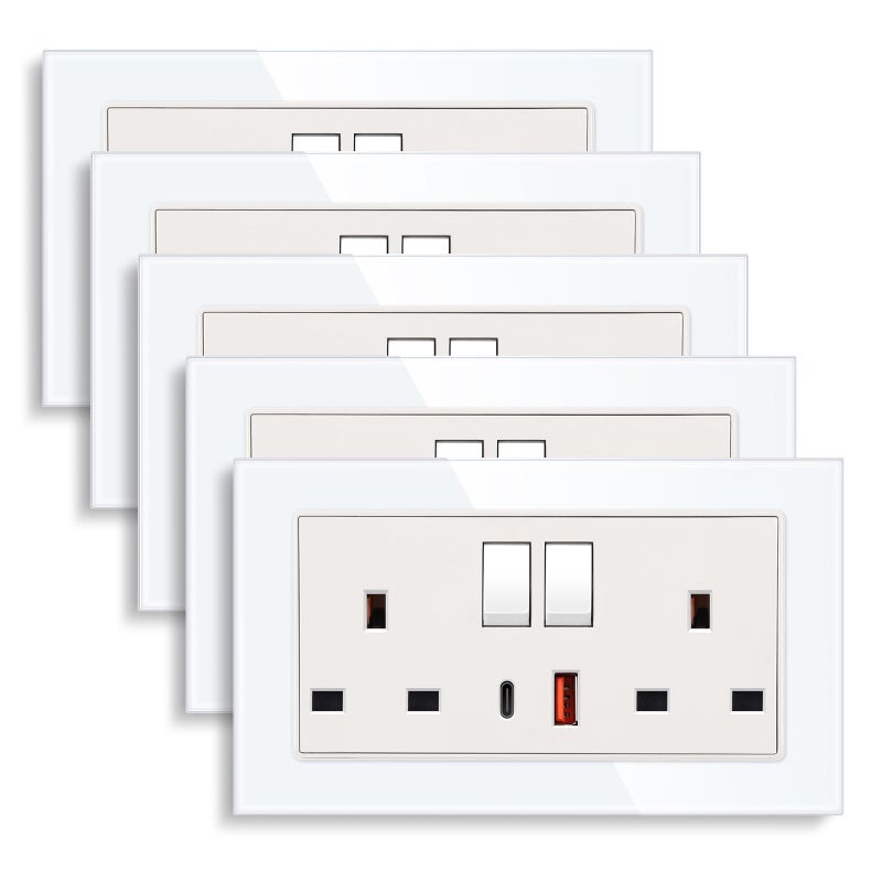 CNBINGO 5 حزمة شحن سريع USB مع مقبس زجاجي مزدوج التبديل، 20W نوع-C (PD) و USB-A (QC) مع مقبس كهربائي، لوحة زجاجية بيضاء مقسّاة، مخرج حائط - Image 1