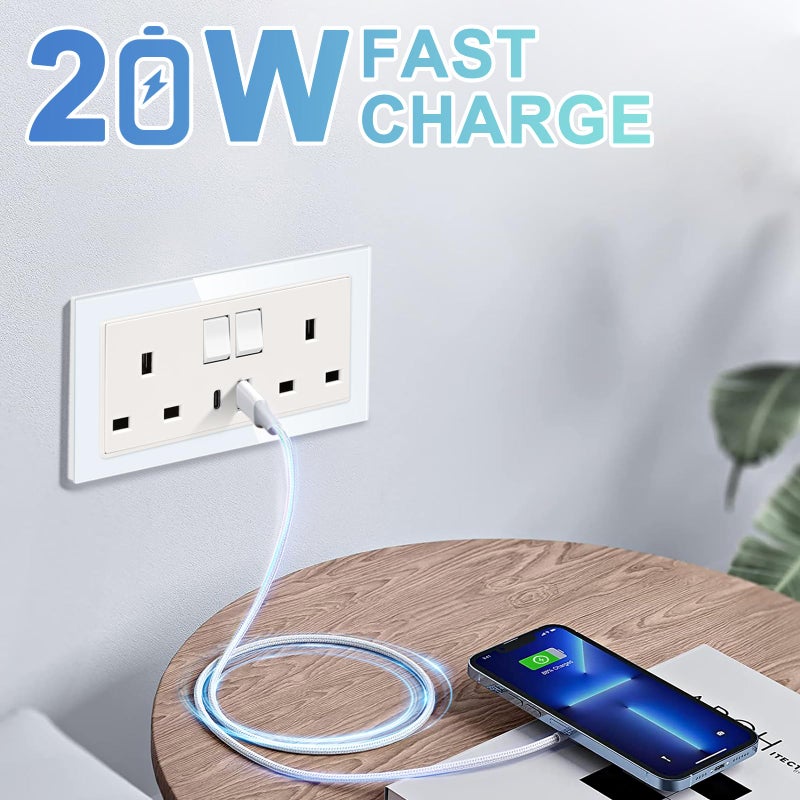 CNBINGO 5 حزمة شحن سريع USB مع مقبس زجاجي مزدوج التبديل، 20W نوع-C (PD) و USB-A (QC) مع مقبس كهربائي، لوحة زجاجية بيضاء مقسّاة، مخرج حائط - Image 2