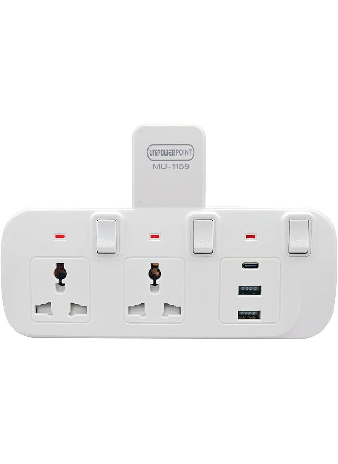 Unipower Unipower 5in1 Multi-Plug Extension Socket with 2 Universal plug, 2 USB & 1 Type C Port Electrical Outlet Adaptors with Individual switch & Light  - Image 1