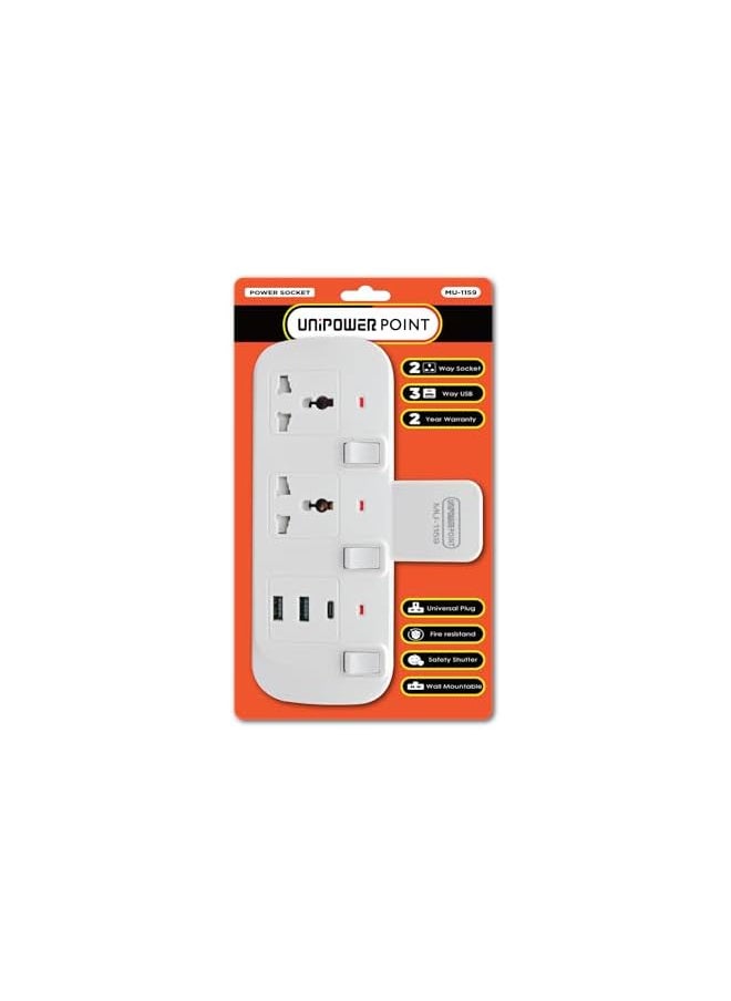 Unipower Unipower 5in1 Multi-Plug Extension Socket with 2 Universal plug, 2 USB & 1 Type C Port Electrical Outlet Adaptors with Individual switch & Light  - Image 2