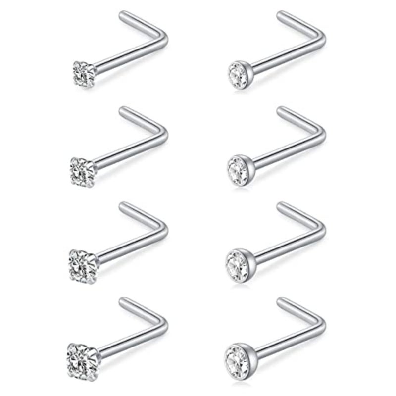 Nose Studs 18g and 20g - L-Shaped Surgical Stainless Steel Diamond Studs for Women and Men - Corkscrew Nose Rings - Image 1