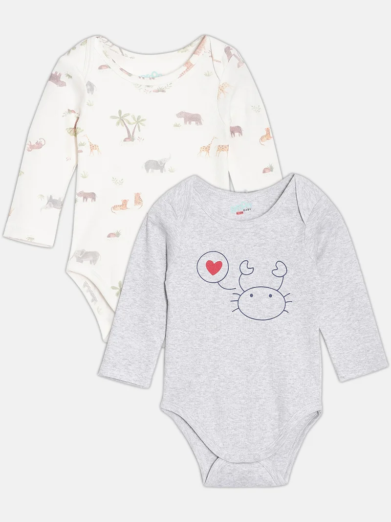 Broon Broon Infant Boys White and Grey Printed Organic Cotton Full Sleeve Bodysuit
