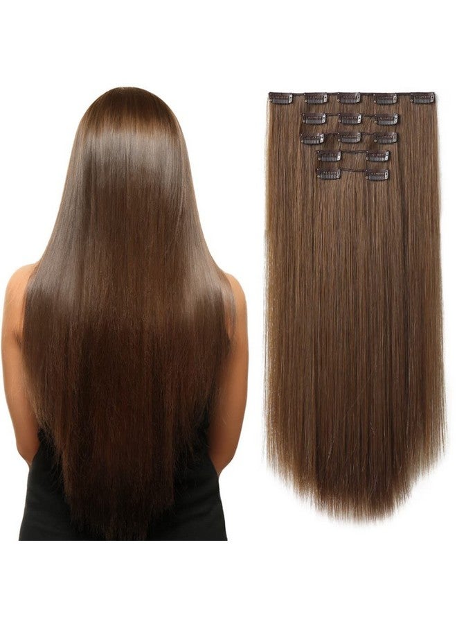 HSPJHTM Brown Hair Extensions，Hspjhtm Clip In Hair Extensions For Women，Halloween Hair Extension 22" Synthetic 5Pcs Long Straight Natural Thick Hair Pieces Chestnut Brown Full Head Golden Copper - Image 1