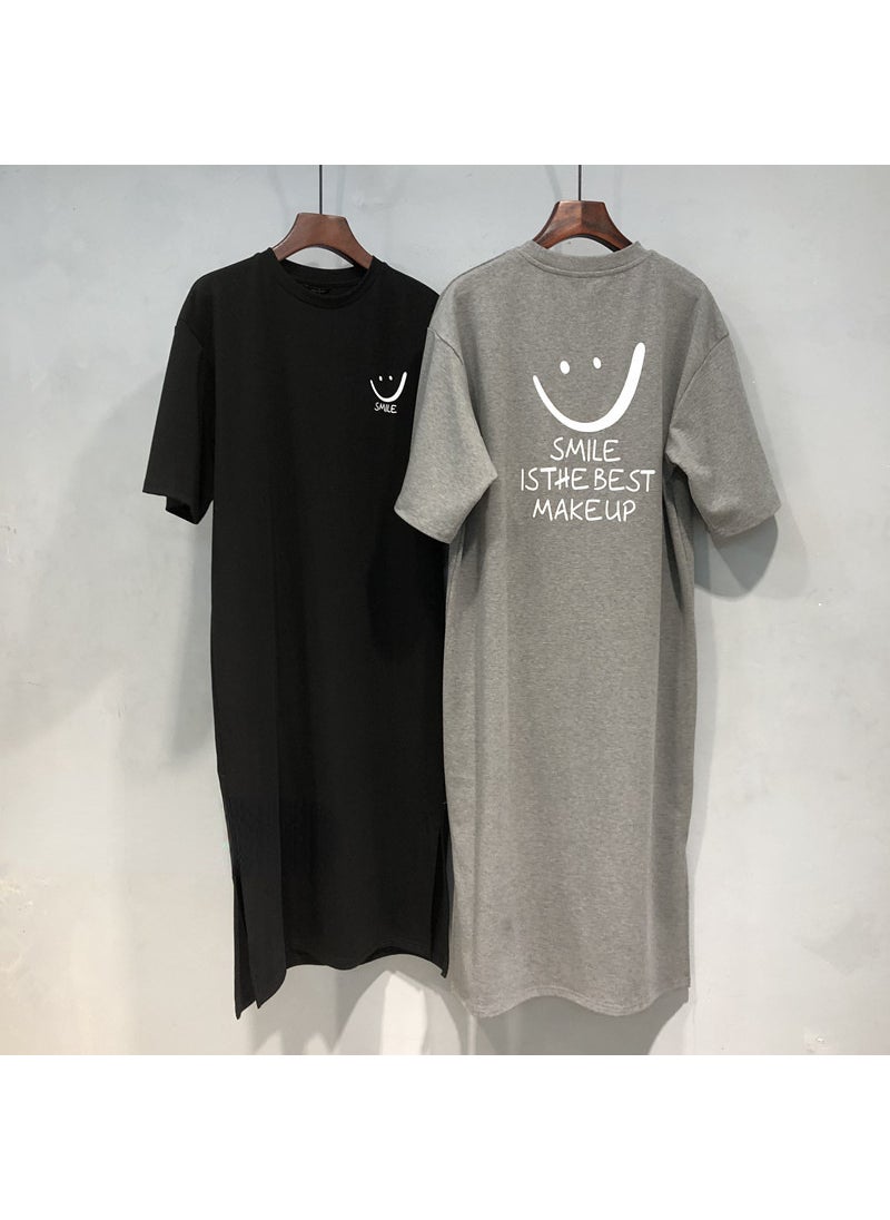Generic - 2024 Summer Cotton Smiley Face Long Split T-Shirt Dress for Women White - Image 1