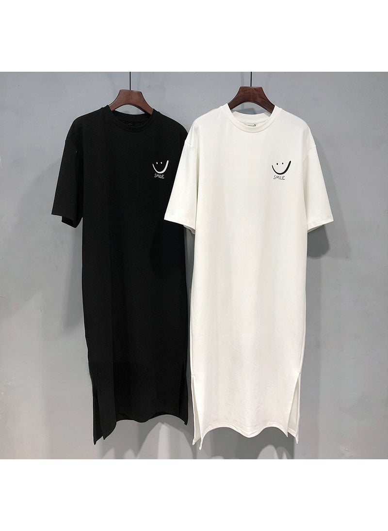 Generic - 2024 Summer Cotton Smiley Face Long Split T-Shirt Dress for Women White - Image 1