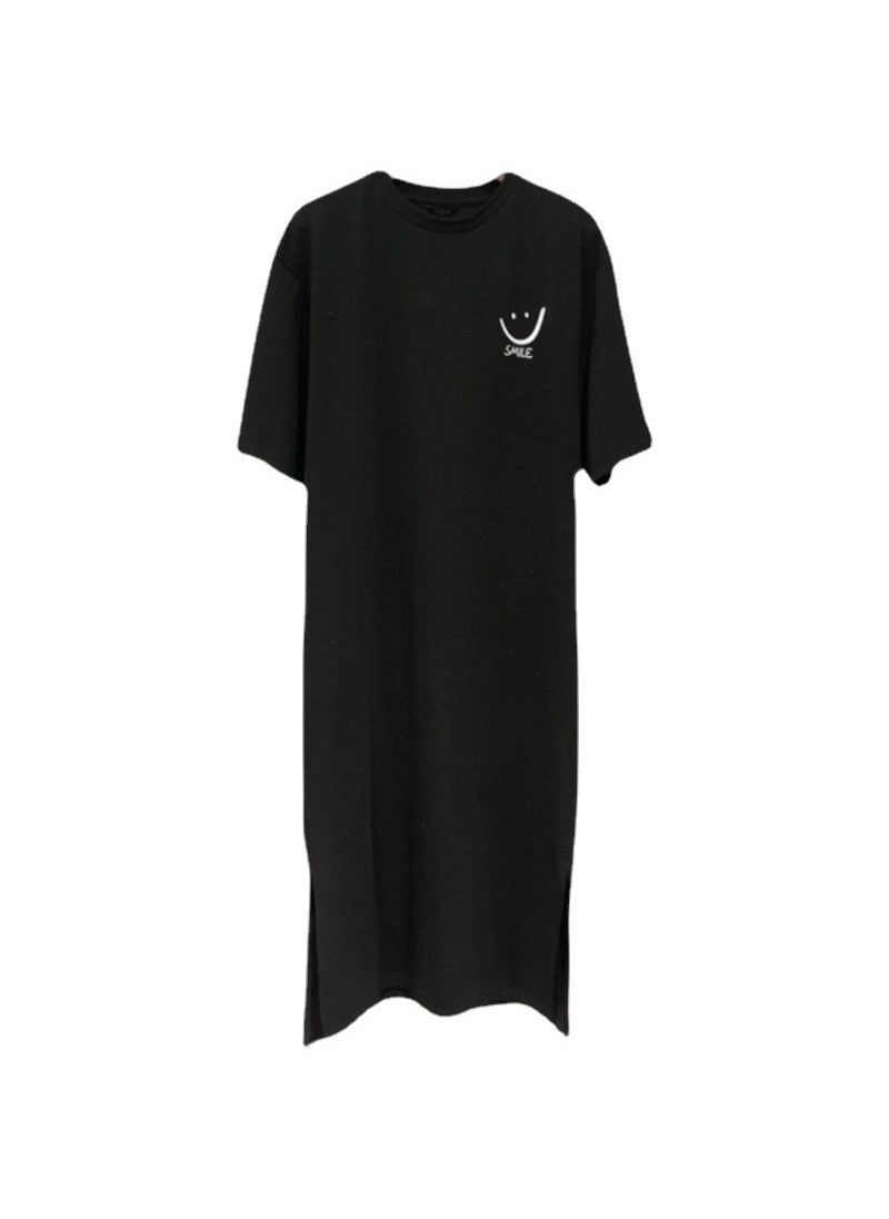 Generic - 2024 Summer Cotton Smiley Face Long Split T-Shirt Dress for Women White - Image 1