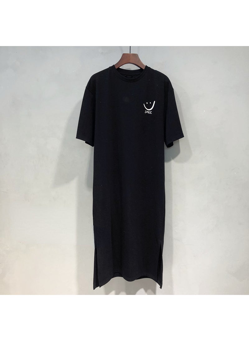 Generic - 2024 Summer Cotton Smiley Face Long Split T-Shirt Dress for Women White - Image 1