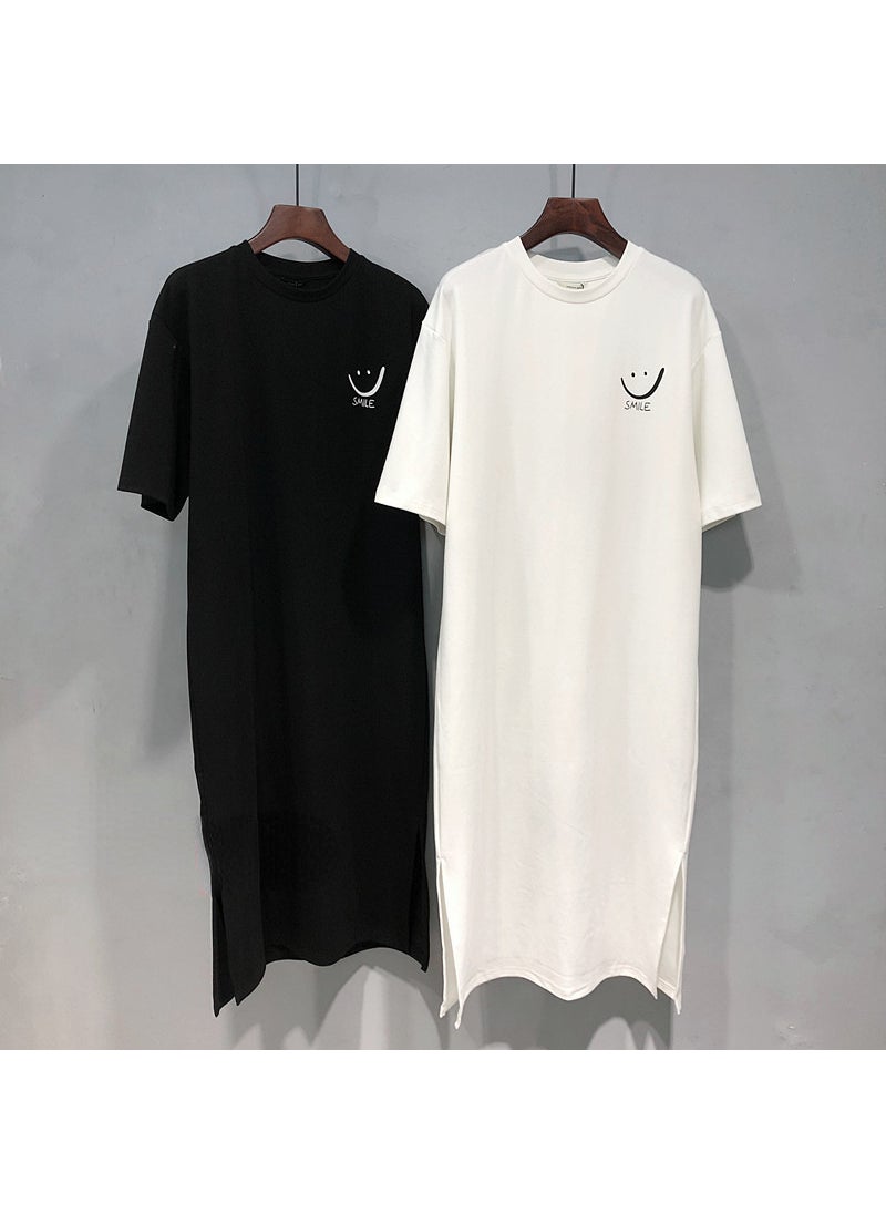 Generic - 2024 Summer Cotton Smiley Face Long Split T-Shirt Dress for Women White - Image 1