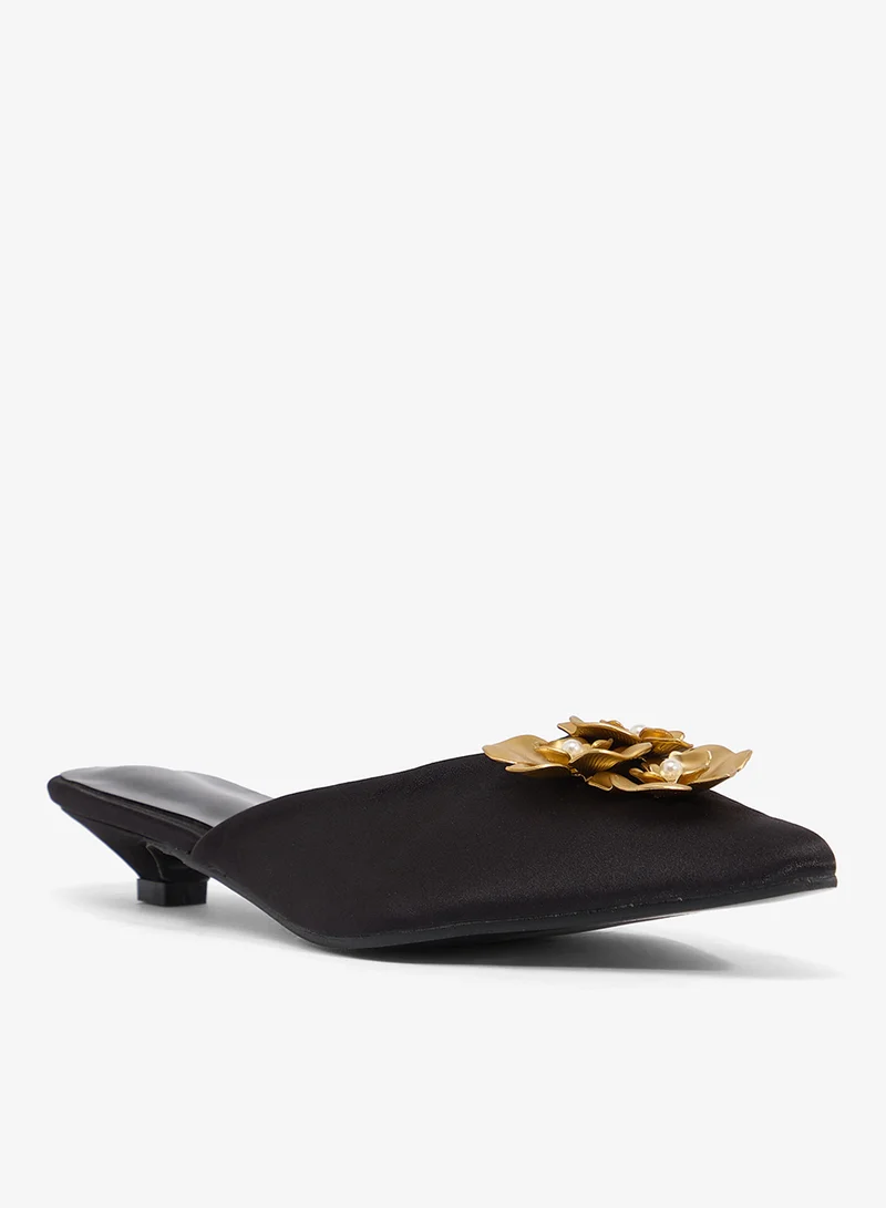 Ella Limited Edition Black Gold Embellished Open Back Low Heel Pumps for Women | Best Price UAE
