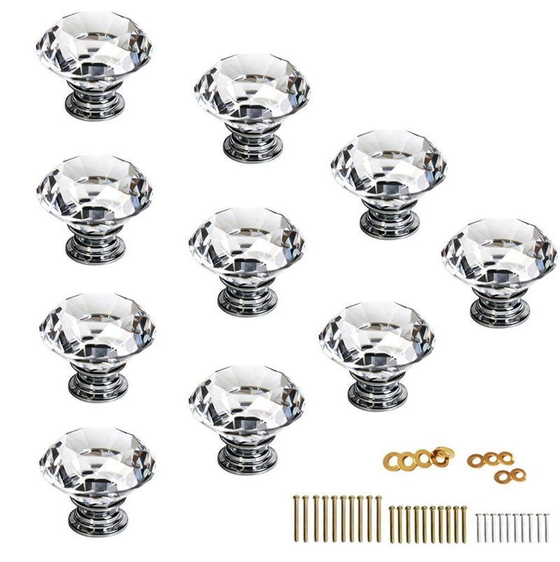 BOSNEY Galaxy 10Pcs 12Inch Clear Crystal Glass Door Knobs Brass baseDiamond Wardrobe DoorknobCrystal Glass Knob Cabinet Cupboard Handle Pull KnobsDoor Pull Handle with Screws with 3 Kinds Screws 30mm 