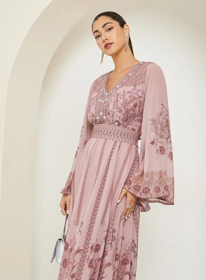 Amirah Purple Printed Belted A-Line Jalabiya