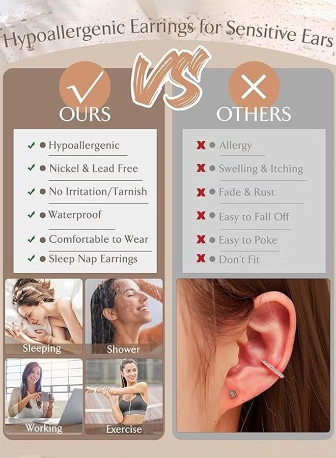 EJ 11Pairs Ear Jewellery for Sensitive Ears, Flat Back, Women, Men, Small Stainless Steel Stud Ring, Cartilage Stud Layering Set, Various Piercings - Image 4