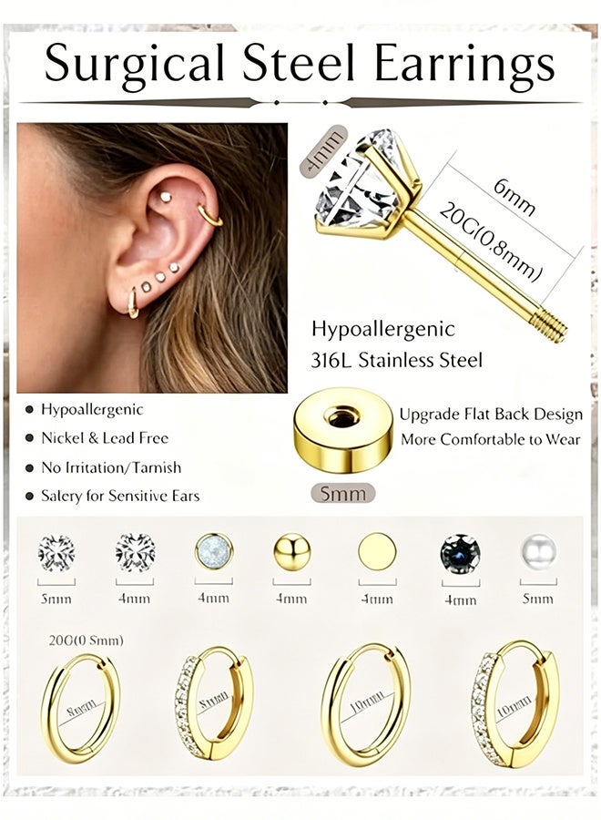 EJ 11Pairs Ear Jewellery for Sensitive Ears, Flat Back, Women, Men, Small Stainless Steel Stud Ring, Cartilage Stud Layering Set, Various Piercings - Image 2