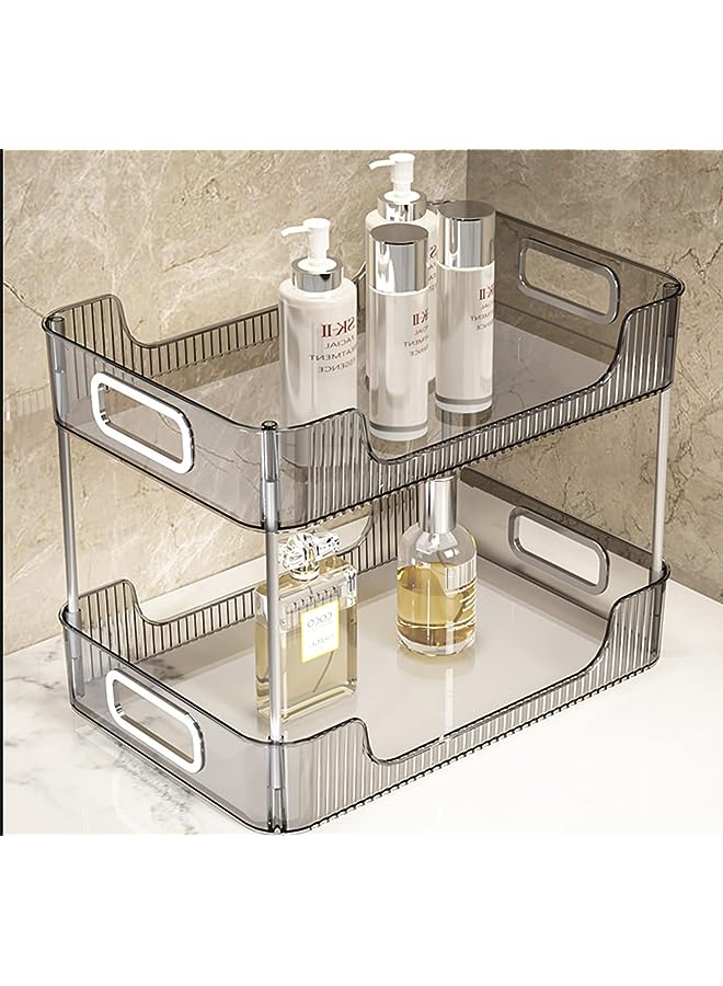 U-HOOME Bathroom Organizer Countertop, Clear Makeup Desk Organzier for Dressing Table, Bathroom Vanity Countertop, 2-Tier Vanity Tray Shelf for Cosmetic, Lotions, Perfume and Toiletries (Grey) - Image 1