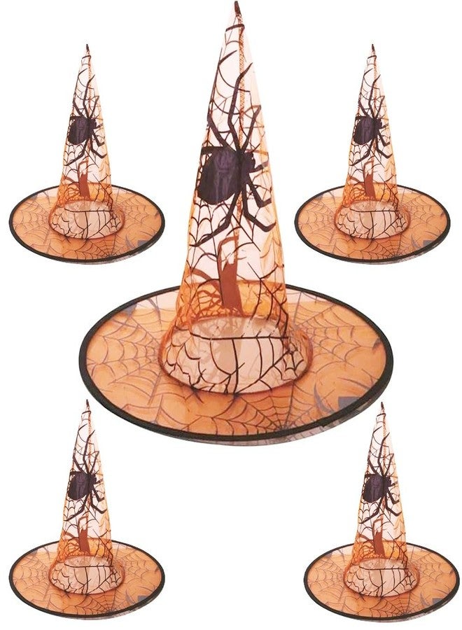 Pop The Party Spider Web Witch Hat - Pack of 5 Orange Mesh Halloween Hats with Black Spider Print for Costumes & Parties - Image 1