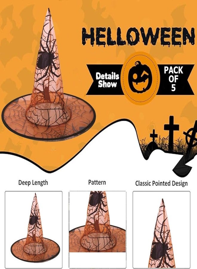 Pop The Party Spider Web Witch Hat - Pack of 5 Orange Mesh Halloween Hats with Black Spider Print for Costumes & Parties - Image 2