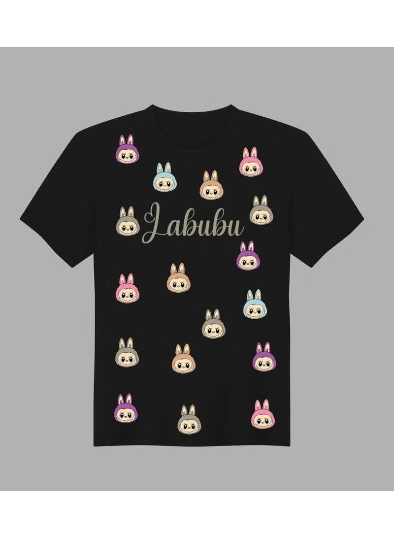 لابوبو تي شيرت LABUBU برسومات وجه إيموجي - بأكمام قصيرة، مناسب للجنسين، ملابس كاجوال، مصنوع من القطن الخالص، بتصميم لطيف وعصري، باللون الأسود
