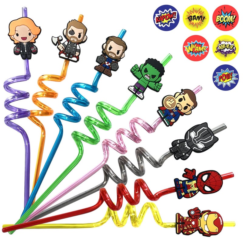 Time4Relax 32Pcs Superhero Straws for Avenger Party Favor - 32Pcs Reusable Drinking Straws with 8 designs+36 Stickers+2 Brushes. Perfect For Superhero Party Supplies  Great for Avenger Themed Party - Image 1