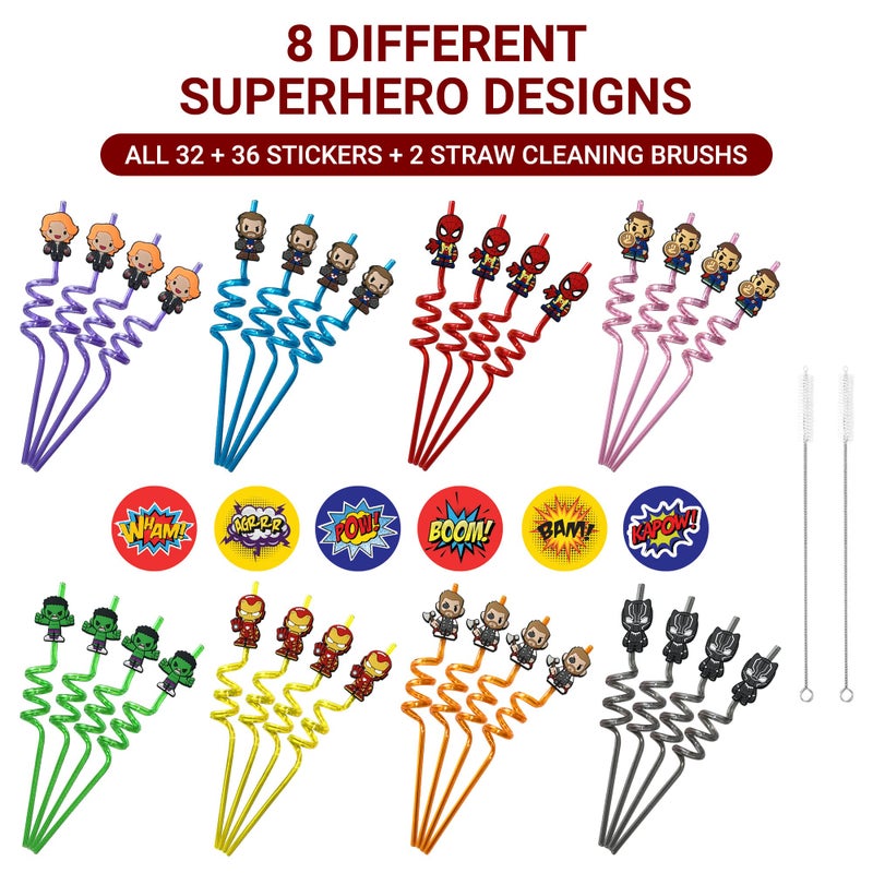 Time4Relax 32Pcs Superhero Straws for Avenger Party Favor - 32Pcs Reusable Drinking Straws with 8 designs+36 Stickers+2 Brushes. Perfect For Superhero Party Supplies  Great for Avenger Themed Party - Image 2