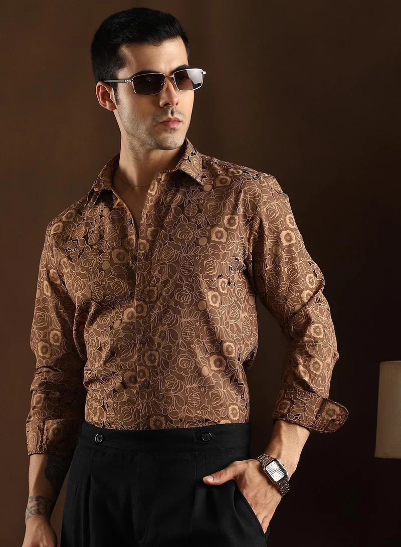 Campus Sutra Men's Chocolate Brown Electric-Roses Shirt
