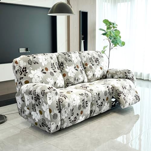 HOKIPO 'Elira Series' 140gsm Stretchable Recliner Sofa Cover 3 Seater, Feather Brown Floral (AR-4942-C1) - Image 1