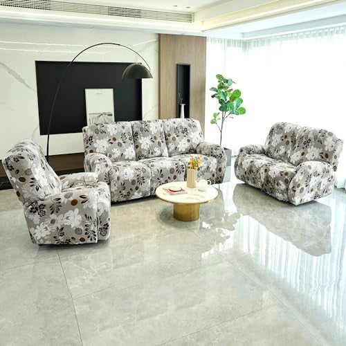 HOKIPO 'Elira Series' 140gsm Stretchable Recliner Sofa Cover 3 Seater, Feather Brown Floral (AR-4942-C1) - Image 2
