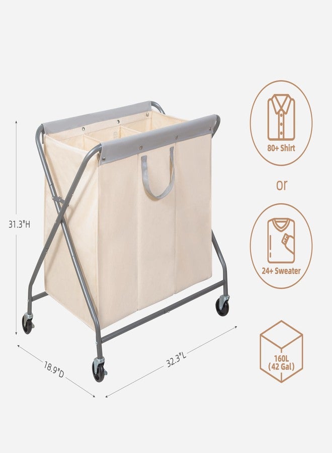 STORAGE MANIAC Laundry Hamper with Wheels, Rolling Laundry Basket, Heavy Duty Laundry Sorter with Removable and Washable Bag, Folding X Frame Laundry Organizer Cart for Easy to Store, 3 Section - Image 3