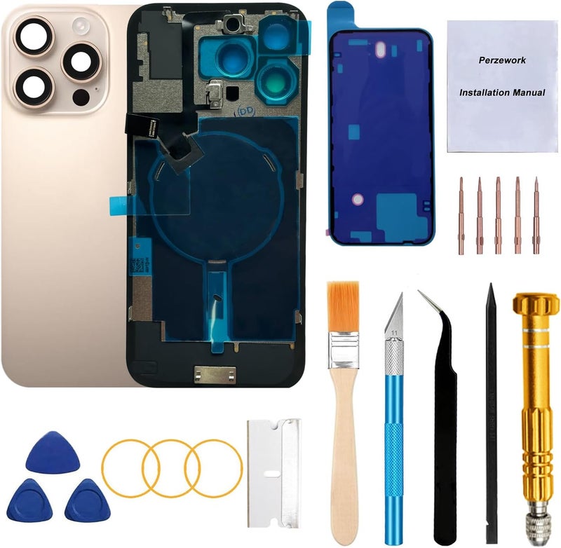 Perzework Rear Back Glass Replacement for iPhone 16 Pro 6.3-inches with Reparing Tool Kit and All Necessary Parts (Desert Titanium) - Image 1