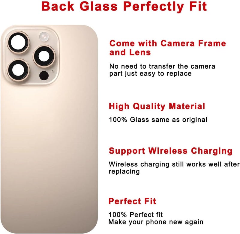 Perzework Rear Back Glass Replacement for iPhone 16 Pro 6.3-inches with Reparing Tool Kit and All Necessary Parts (Desert Titanium) - Image 3
