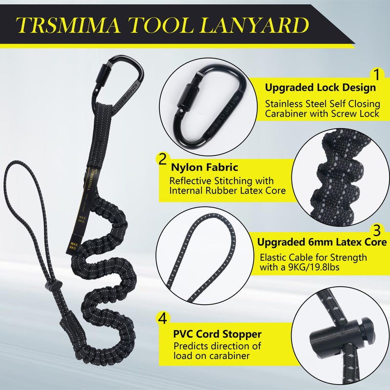 TT TRSMIMA TRSMIMA Safety Tether Tool Lanyard - 5 Pack Stretch Strap Safety Fall Protection Tools Leash with Screw Lock Carabiner Clip - Image 2