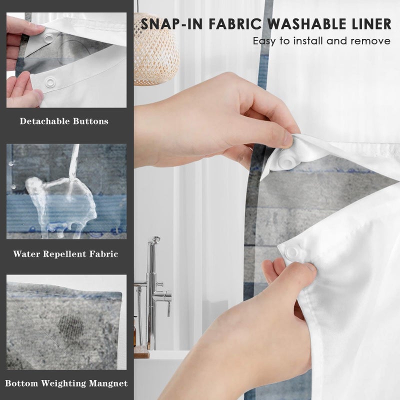 Nesphy no Hook Blue Daisy و Butterfly Shower Stain مع Snap in Fabric Liner مجموعة مزرعة ريفية مزدوجة الطبقات مقاومة للماء مع رؤية من خلال النافذة العلوية مفتوحة الحمام الستار 71x74 بوصة - Image 5