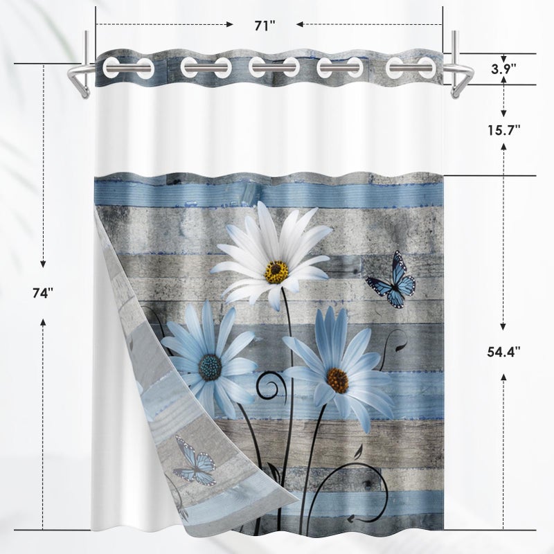 Nesphy no Hook Blue Daisy و Butterfly Shower Stain مع Snap in Fabric Liner مجموعة مزرعة ريفية مزدوجة الطبقات مقاومة للماء مع رؤية من خلال النافذة العلوية مفتوحة الحمام الستار 71x74 بوصة - Image 2