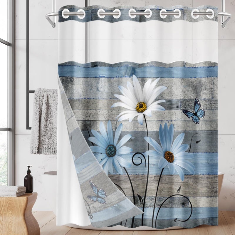 Nesphy no Hook Blue Daisy و Butterfly Shower Stain مع Snap in Fabric Liner مجموعة مزرعة ريفية مزدوجة الطبقات مقاومة للماء مع رؤية من خلال النافذة العلوية مفتوحة الحمام الستار 71x74 بوصة - Image 1