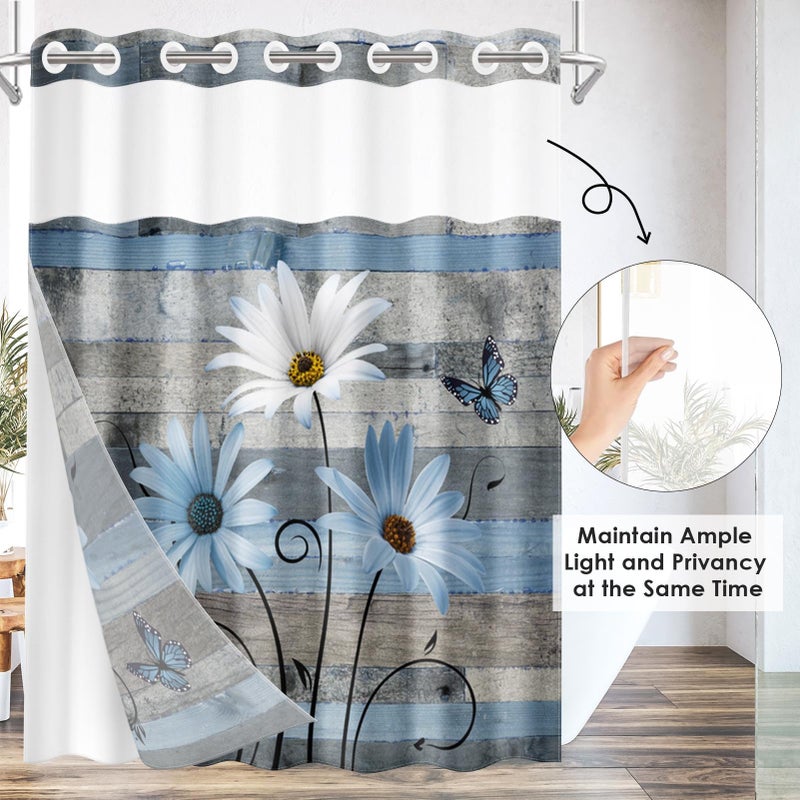 Nesphy no Hook Blue Daisy و Butterfly Shower Stain مع Snap in Fabric Liner مجموعة مزرعة ريفية مزدوجة الطبقات مقاومة للماء مع رؤية من خلال النافذة العلوية مفتوحة الحمام الستار 71x74 بوصة - Image 4