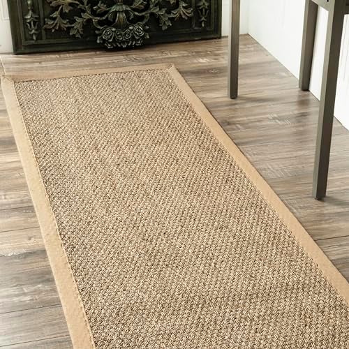 nuLOOM 2x8 Elijah Seagrass Area Rug Beige Solid Farmhouse Style Cotton Bordered Basketweave Natural Fiber For Bedroom Dining Room Living Room Hallway Office Kitchen Entryway