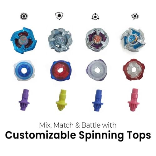 WireScorts Top Metal Gyro Blade Battle Set with 4 Type Variation Metal Beys, 3 Launchers and Battle Ground for Kids, Portable Storage Box for Kids Age 6+ - Image 5