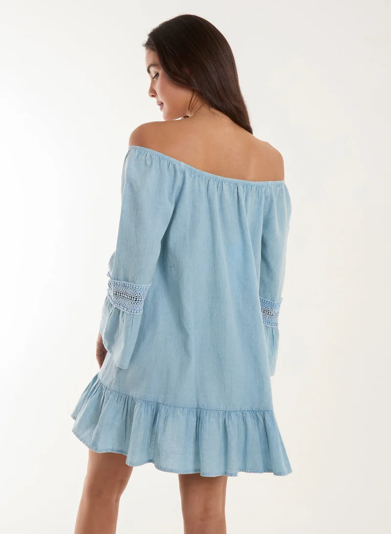 Blue Vanilla Lace Trim Elasticated Bardot Neck Tunic Dress