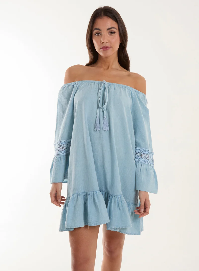 Blue Vanilla Lace Trim Elasticated Bardot Neck Tunic Dress